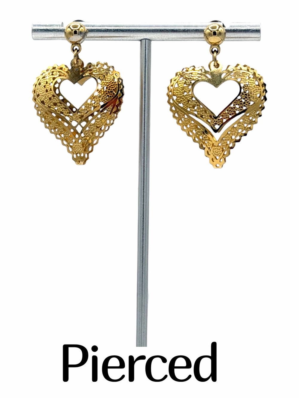 Double Puffed Heart Open Filigree Gold Plated Pierced Earrings Jewelry Love